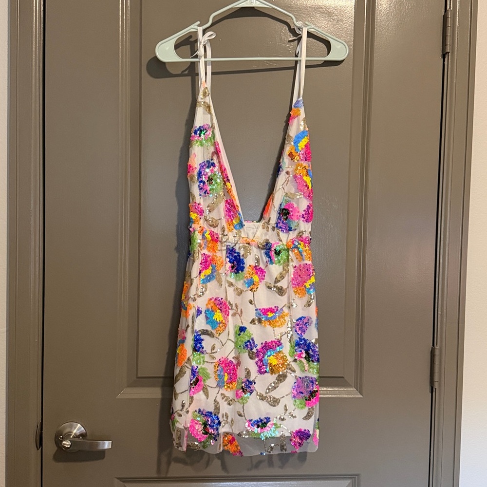 Lulu's White Mini Dress with Multicolor Sequin Floral Embroidery